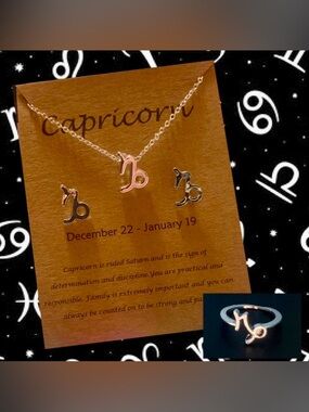 Capricorn Zodiac Necklace, Stud Earrings & Ring Set ♑️